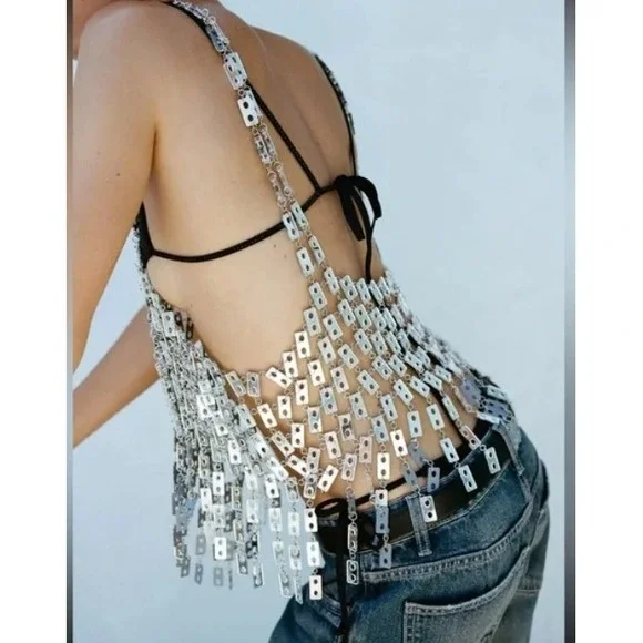 NEW FLAWED GEM Zara Silver Rectangular Mirror Metallic Round Neck Tank Top NYE M - Picture 6 of 7